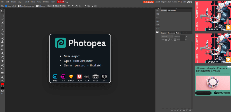 Captura de pantalla de Photopea, editor online gratuito similar a Photoshop Photopea - Editor de imágenes online similar a Photoshop