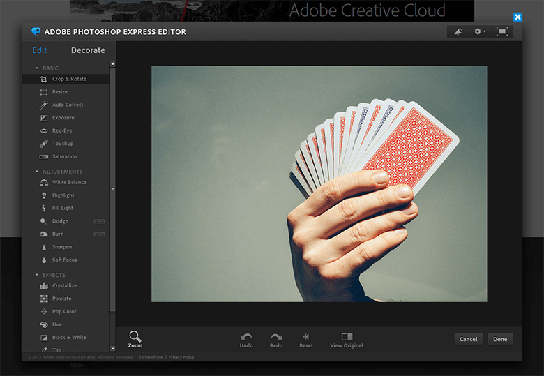 Captura de pantalla de Adobe Photoshop Express, la versión online de Photoshop Adobe Photoshop Express - Editor de fotos online de Adobe