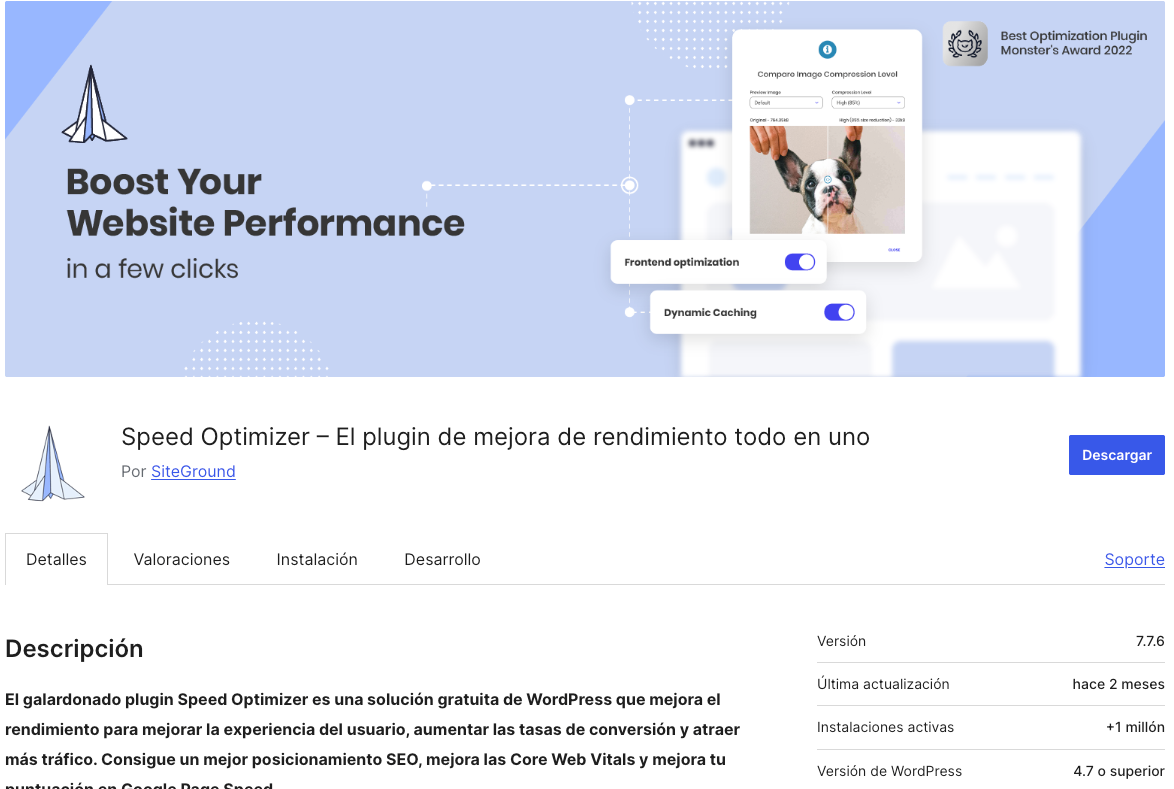 Pagina de SG Optimizer en el repositorio de WordPress SG Optimizer - plugin de cache de SiteGround