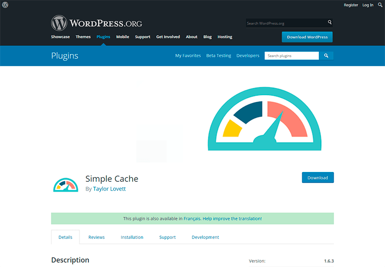 Interfaz sencilla del plugin Simple Cache para WordPress Panel de Simple Cache