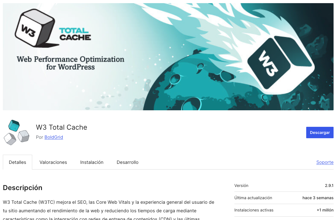 Pagina de W3 Total Cache en el repositorio de WordPress W3 Total Cache - plugin de cache para WordPress