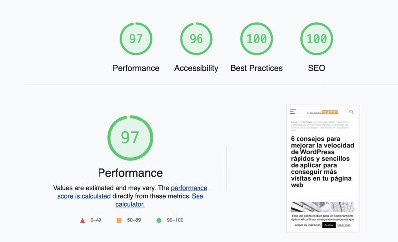 Captura de los resultados de velocidad obtenidos con WP Rocket Resultados de rendimiento con WP Rocket