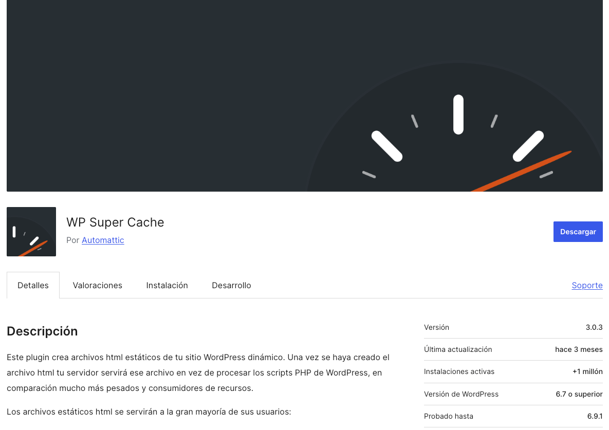 Pagina de WP Super Cache en el repositorio de WordPress WP Super Cache - plugin de cache para WordPress