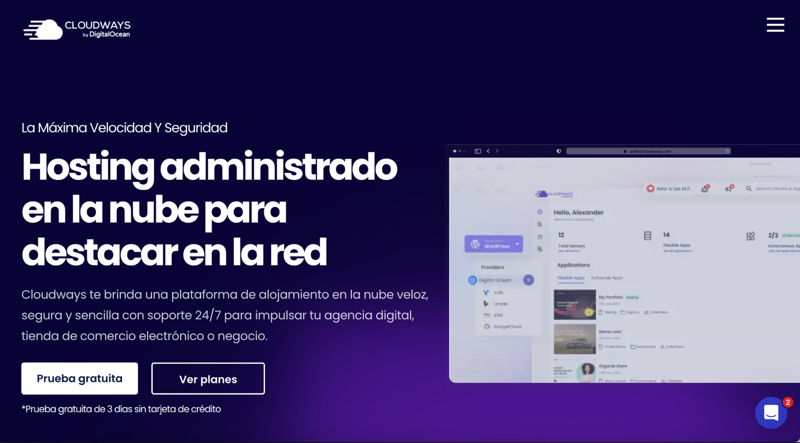 Captura de pantalla del panel de control de Cloudways - Hosting cloud Panel de control de Cloudways